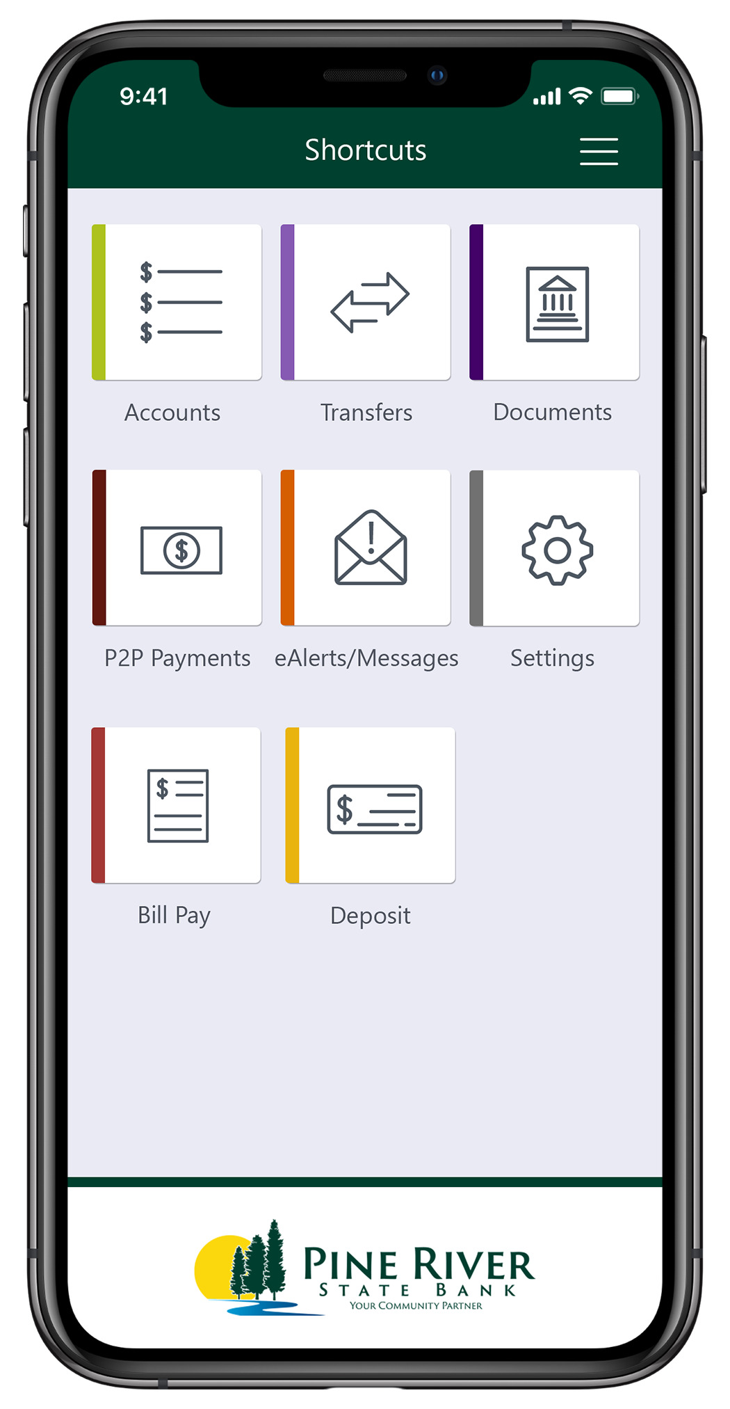 Pine River State Bank Mobile App Shortcuts Screen